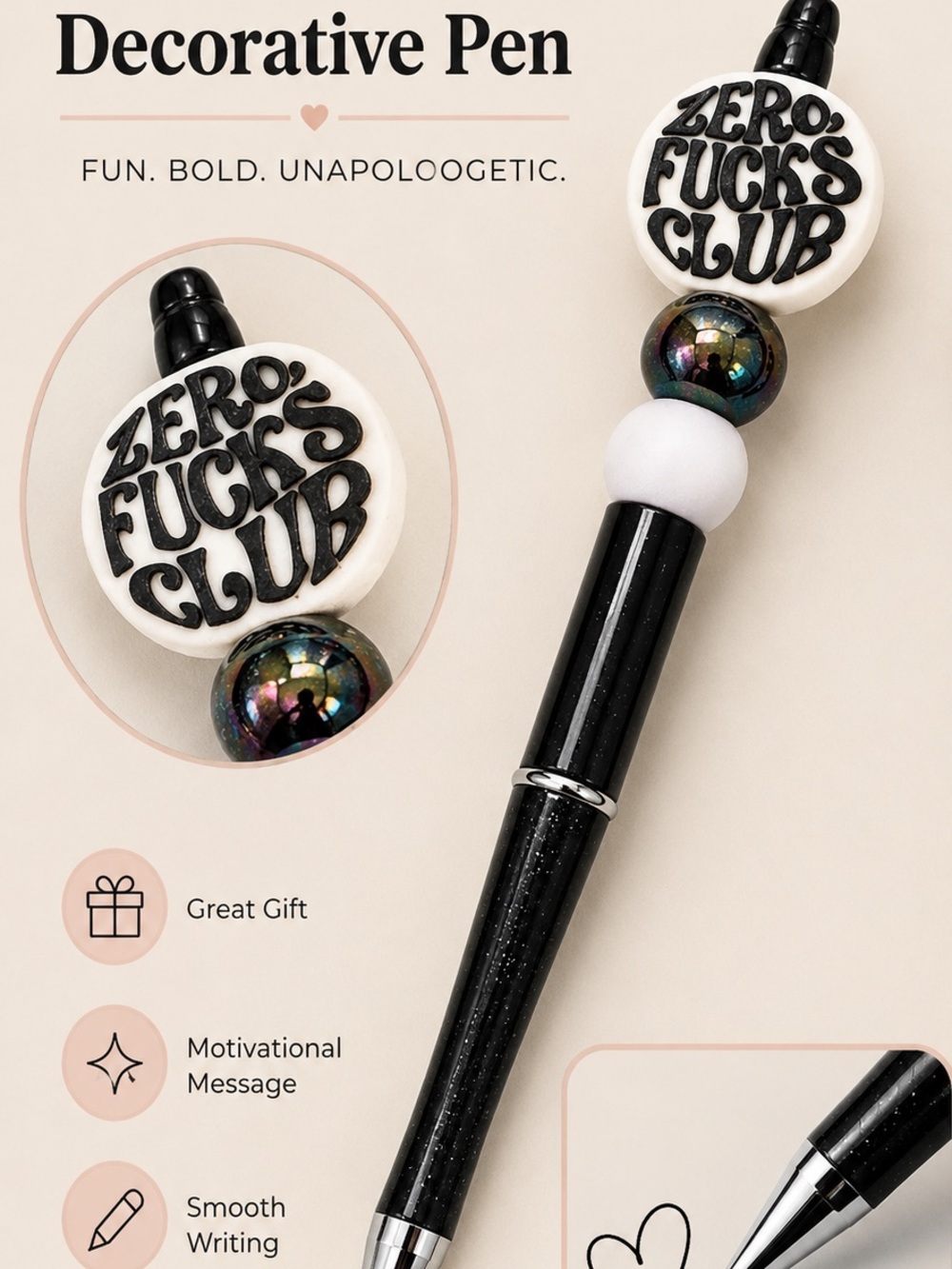Zero fcks Club Black & White Bead Key and Card Holder Charm